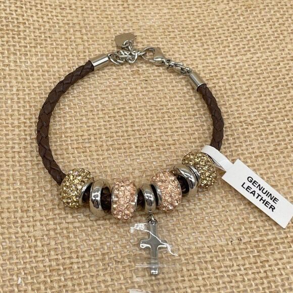 Steel by Design Jewelry - Brown Leather Bracelet Crystal Beads Stainless Steel Cross Polished Spacers 7.5